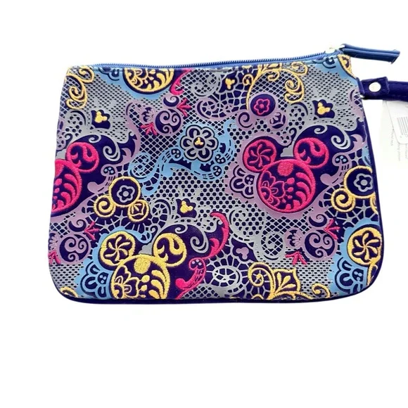 Disney Parks Pink Gold Stitched Mickey Mouse Blue Velvet Wristlet Bag 6.5X8