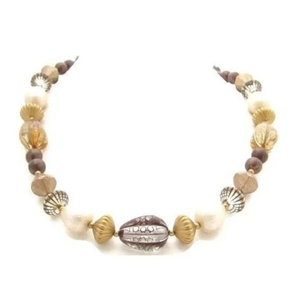 Vintage Brown, Cream White & Gold Tone‎ Acrylic Multi-Color Bead Necklace