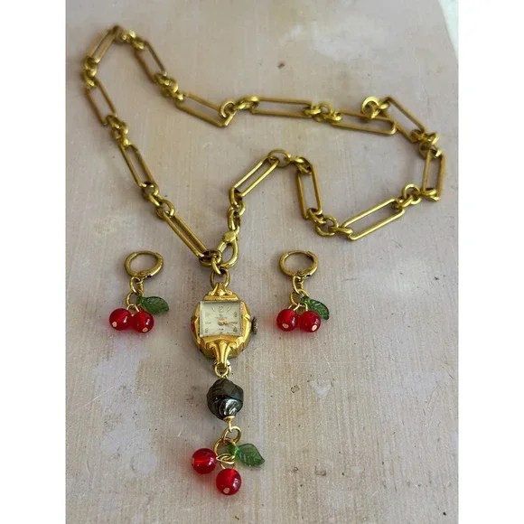Victorian Raw Brass Necklace‎ w/ Vintage Watch & Cherry Earrings Set