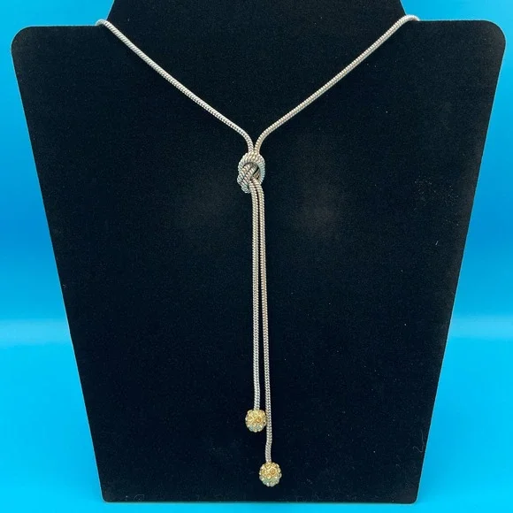 Banana‎ Republic Lariat Necklace Women Silver Tone Knot Pave Ball Snake Chain