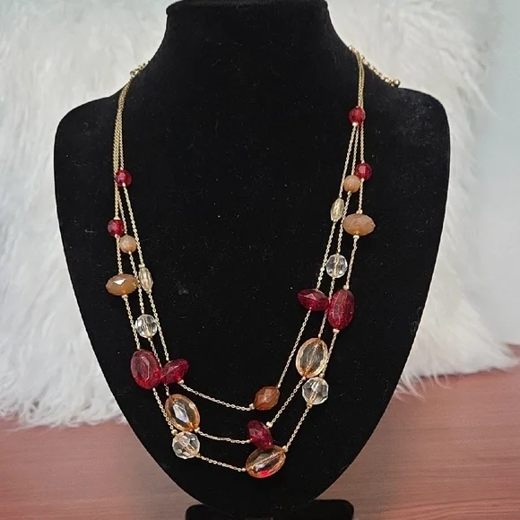 Chic Multi-Strand Necklace with Red and Gold Beads