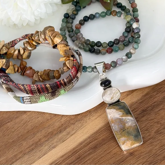 Onyx Golden Rutile Quartz Ocean Jasper Pendant Necklace Jewelry Set Lot New 925