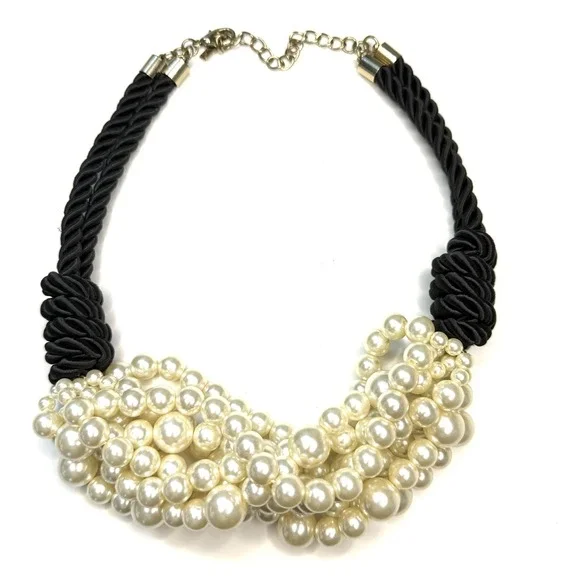 Vtg 60s To 70s Layered Statement Necklace Faux Pearl Black Knot Rope Bib Event