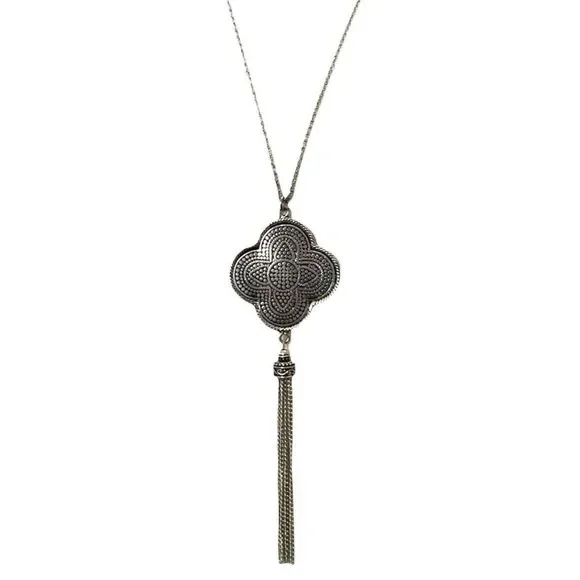 Jingle & Joy Necklace Quatrefoil Tassel Pendant Silver Tone 32in Rope Chain