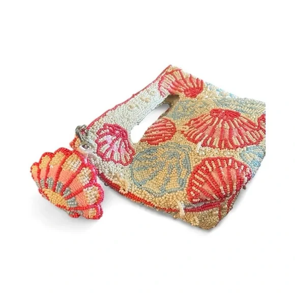 Seashell Hand Beaded in India Clutch, Multicolor, Detachable Charm & Chain.