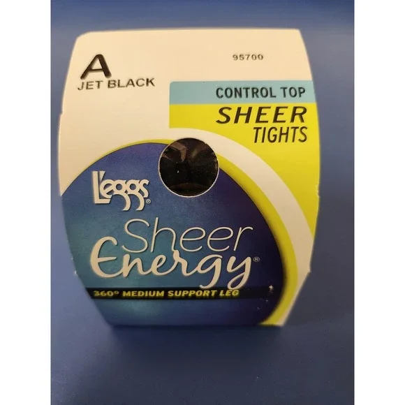 Leggs Sheer Energy Control Top Tights, A Jet Black, Medium Support, 95700 New!