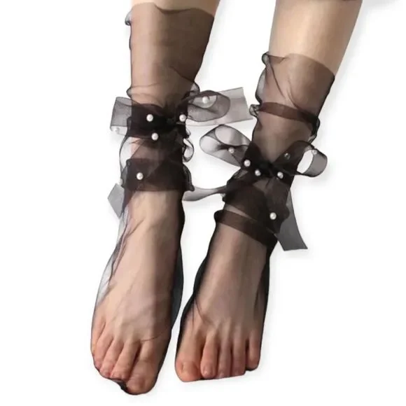 Black Mesh Pearl Ankle Wrap Socks NWT