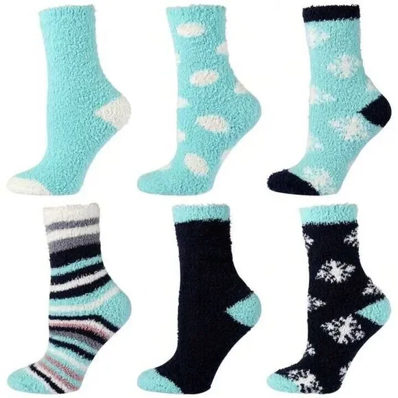 Women’s 6 Pack Fuzzy Warm Slipper Socks Soft Plush Winter Cozy Size 9-11