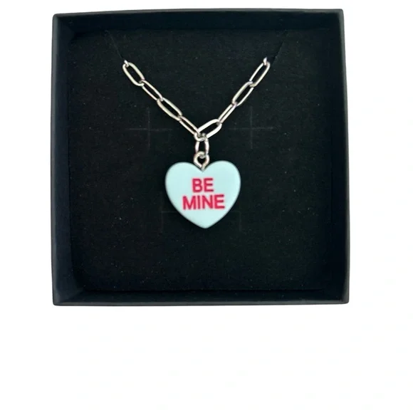 Conversation Hearts Be Mine Blue Heart Charm Silver Dainty Necklace Chain