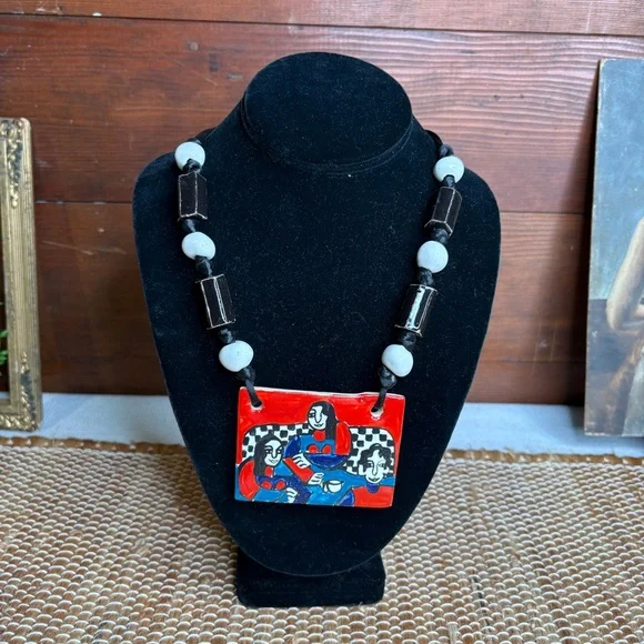 Eclectic Artist Signed Large Rectangular Ceramic Beaded Necklace
