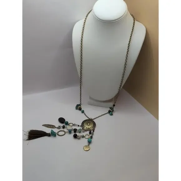 Vintage 1946 Turquoise Fringe Tassel Fabric Charm Beaded Necklace