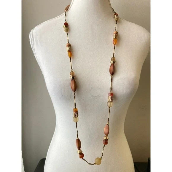 Boho Beaded Long Necklace Wood Glass Gold Tone Browns Earthy 40 Inch Statement