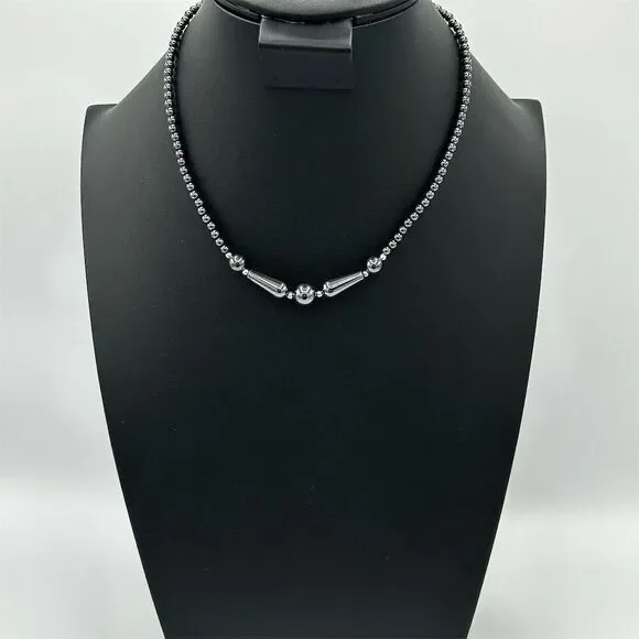 Vintage Hematite Bead Choker Necklace Bright Dark Gray