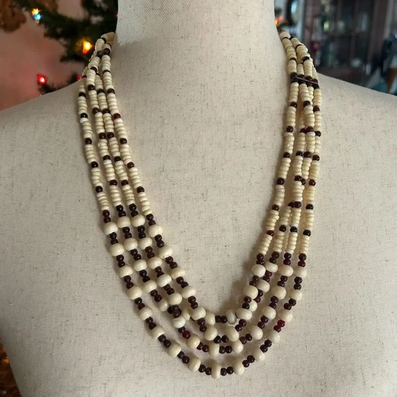 Vintage Bone & Glass Bead Multi-Layer Tribal Necklace
