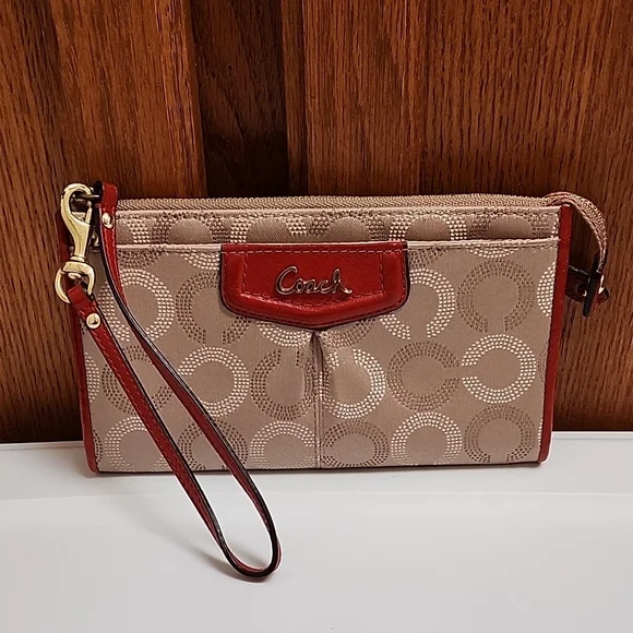 Coach Tan and Red Signature Wristlet