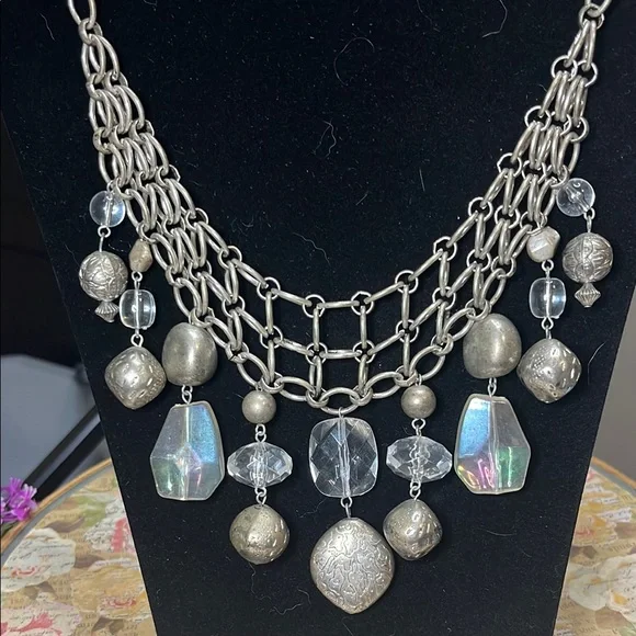 Silver Tone Statement Necklace with Clear Accents