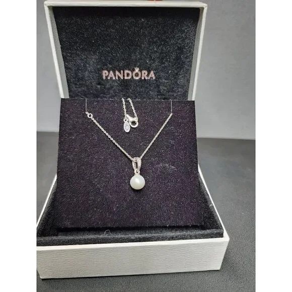 PANDORA Elegant Beauty Pendant, White Pearl & Clear CZ with necklace