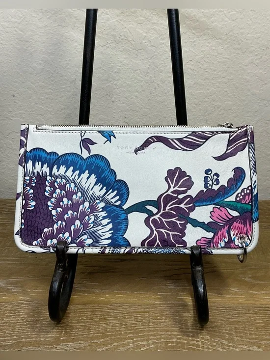 Tory Burch Rory White Floral Pouch with Blue and Purple Accents
