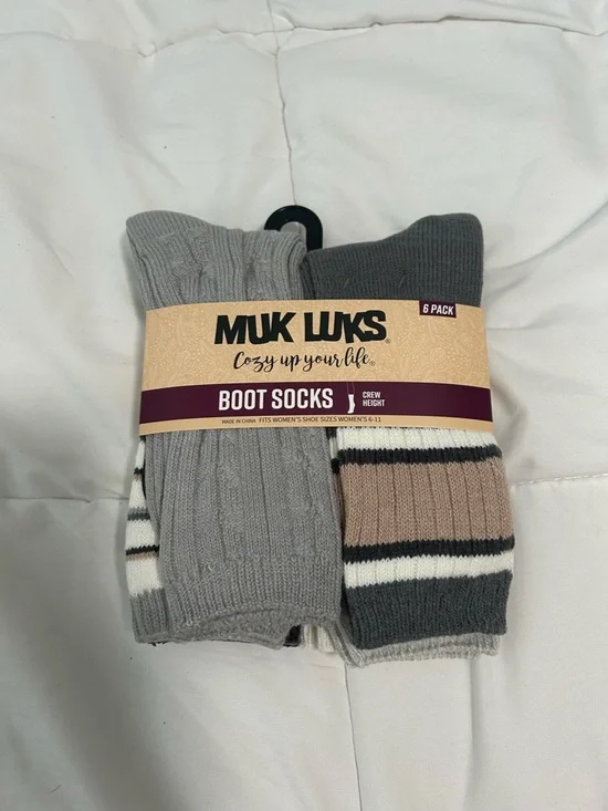 Muk Luks womens Gray & Taupe Striped Boot Socks - 6 Pack
