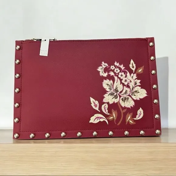 NWT White House Black Market Burgundy Floral Studded Wristlet Clutch Evening Bag