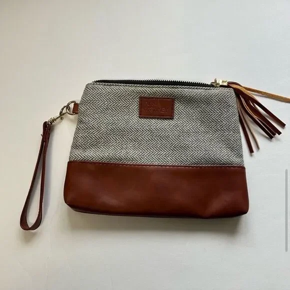 Funky Monkey Clutch Herringbone Gray & Faux Leather Purse 8.5”x6.5” Bag