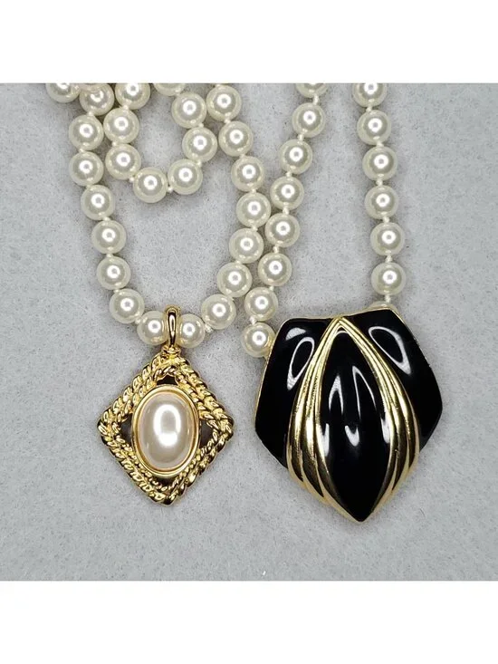 Vintage Faux Pearl Necklace Enhancer Lot Flapper Opera Gold Tone Black 50
