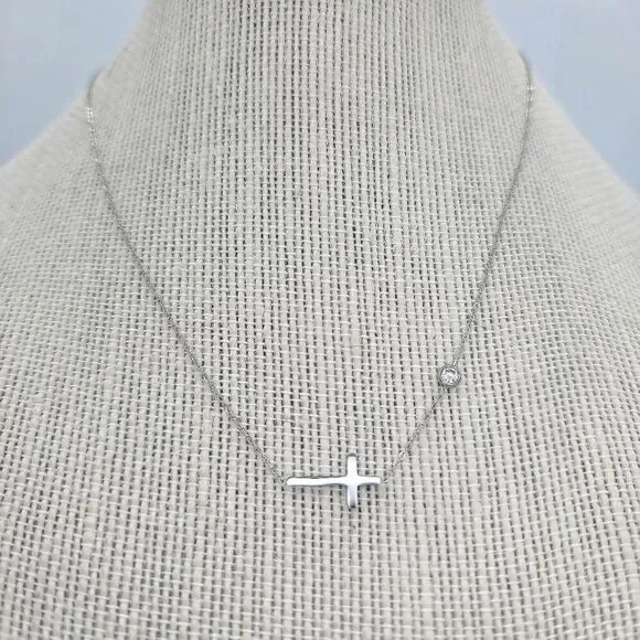 Silver Sideways Cross Necklace Cubic Zircon Charm