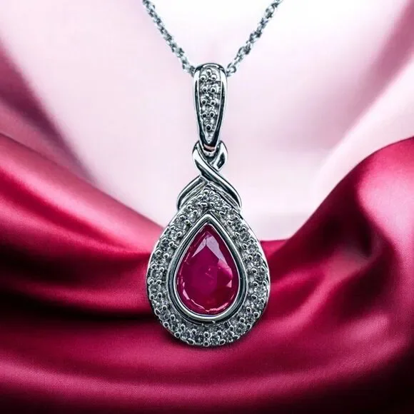 10K Gold 1CT Natural Burmese Ruby & Halo Diamond Necklace -18