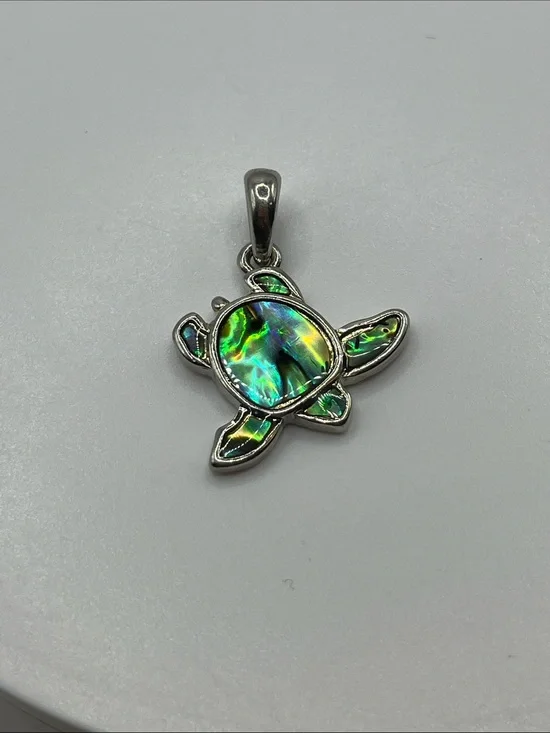 Abalone Turtle Pendant Necklace - Iridescent Green Shell