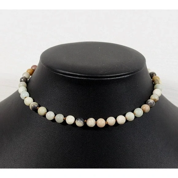 Frosted Stone Bead Choker Necklace Green Brown Boho 15