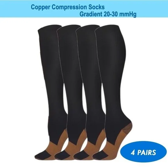 Unisex 20-30 mmHg Compression Socks S/M Knee High Medical Black Rib 4 Pack‎ NEW