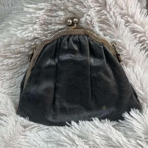 Vintage Black Leather Clutch, Silver Frame With Details, No Strap, Blue Lining