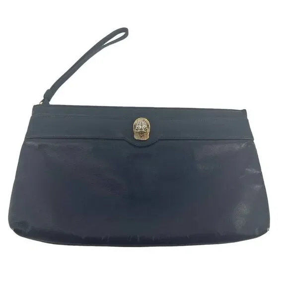 Ruth Saltz Clutch Handbag Vintage Leather Navy Blue Lion Classic Evening Purse