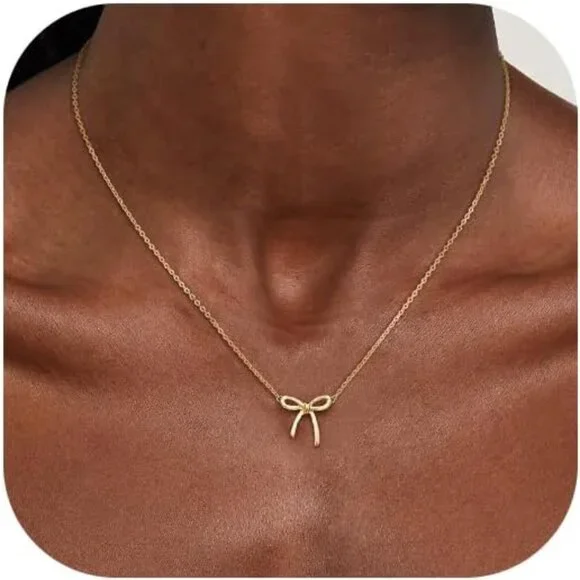 Women's Gold Necklace Cute Small Tiny Bow Pendant Choker Chain Necklace