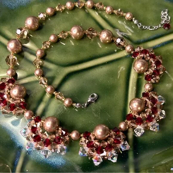 Handcrafted Gold & Garnett Color Beaded Crystal Necklace 16”
