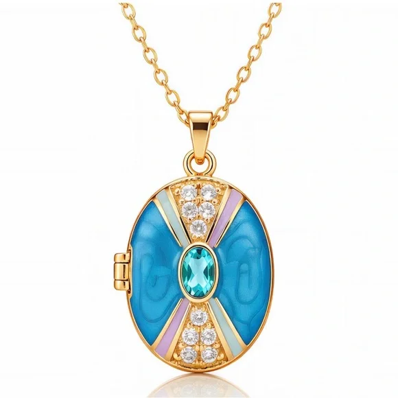 Blue and Pink Locket 18K Gold-Plated Stainless Steel Crystal Necklace