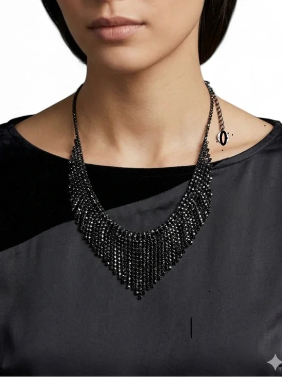 Black Beaded Fringe Statement Necklace