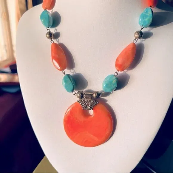 Vintage Faux Coral & Turquoise Statement Necklace