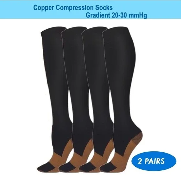 Unisex 20-30 mmHg Compression Socks L/XL Knee High Medical Black Rib 2‎ Pack NEW