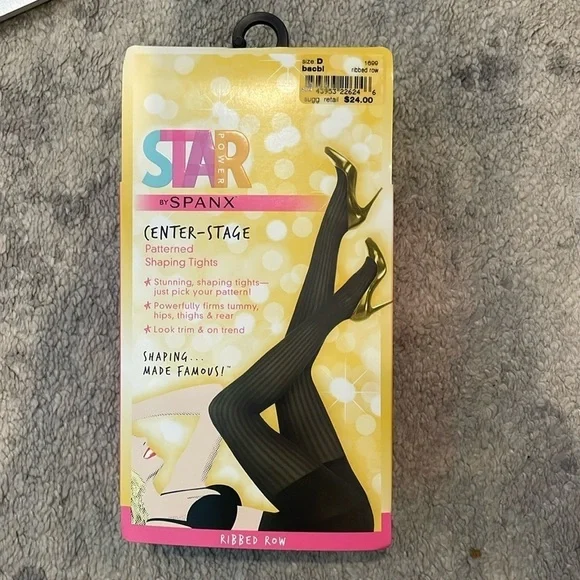 Spanx Star Power Center Stage Patterned Shaping Tights Ribbed Row Black Sz D