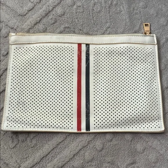White Perforated Clutch with Red and Black Stripe