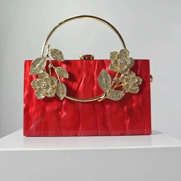 #B008 Red Acrylic Bold Elegance Marble Rhinestones Gold Floral Handle Clutch