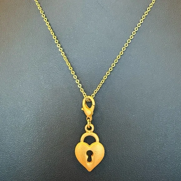 Brushed Gold Tone Open Key Heart Charm Pendant Necklace 18” Length
