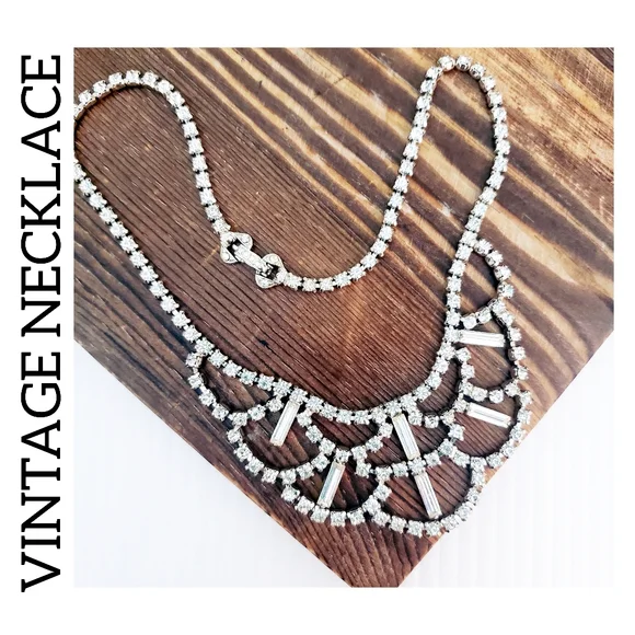 Vintage Rhinestone Statement Bib Necklace Silvertone