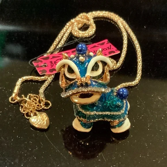 Betsey Johnson Necklace Foo Dog Blue Rhinestones Gold Tone #N551