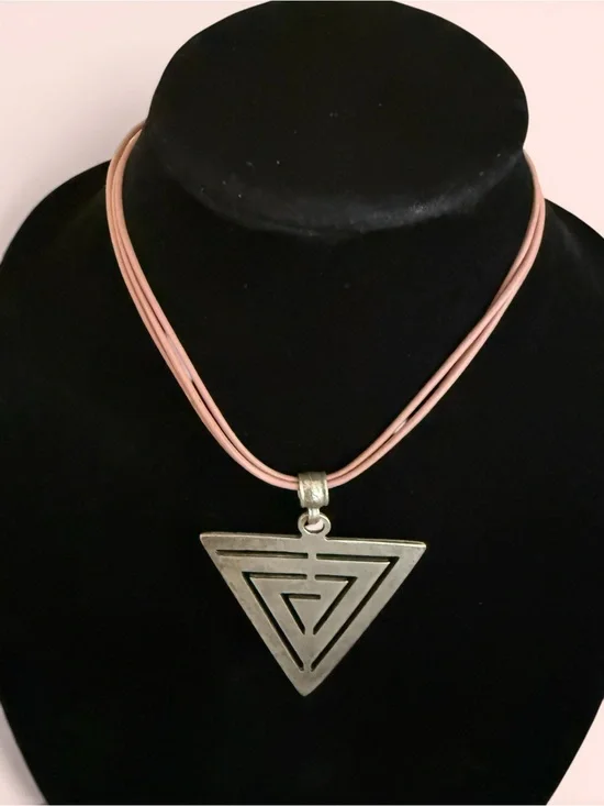 Handmade Geometric Triangle Pendant Necklace - Silver and Pink