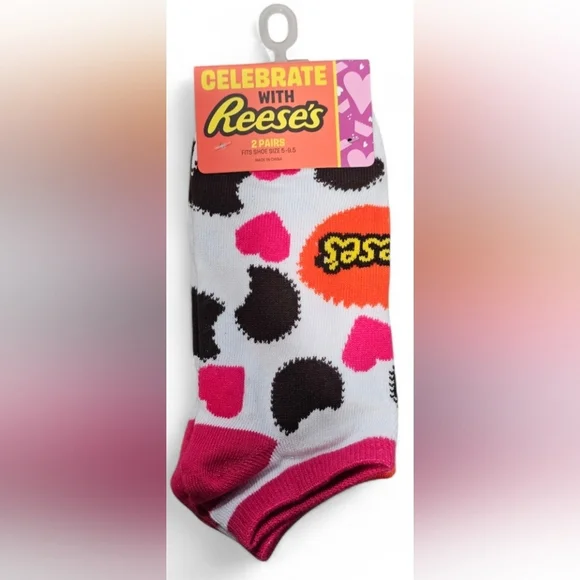 Reese's Valentine Themed Socks 2 Pairs, Fit Shoe Size 5-9.5, New