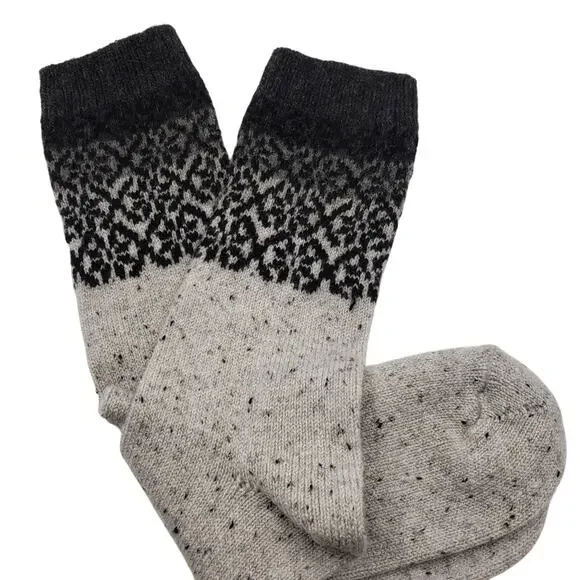 Garnet Hill 82% Cashmere Socks Fair Isle Pattern Luxury Crew Grey Black Warm