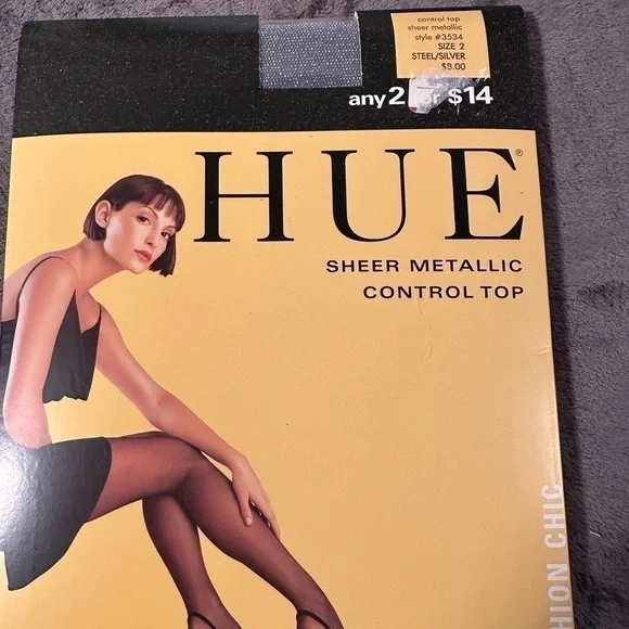 HUE Sheer Metallic Control Top Tights Steel Silver Style‎ 3534 Size 2 NEW