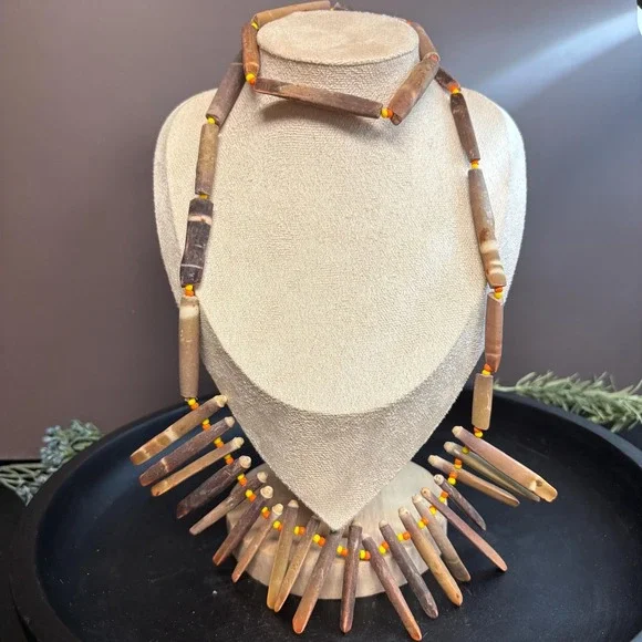 Vintage Bone Boho Fringe Necklace | Spike Beads | Brown Marbled Statement Bib‎